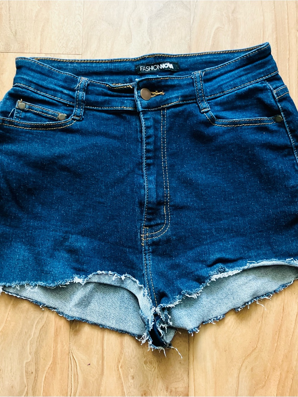 Fashion Nova Dark Indigo Frayed Hem Denim Shorts